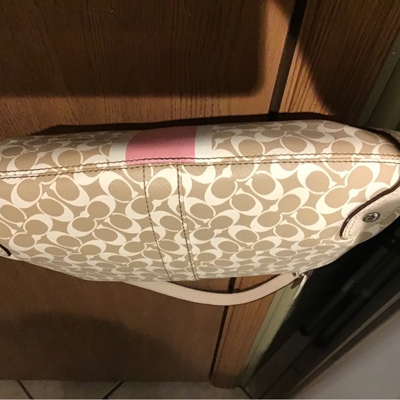 COACH CHELSEA SIGNATURE BEIGE PINK STRIPE LEATHER TRIM CROSSBODY SHOULDER BAG - Picture 9 of 12